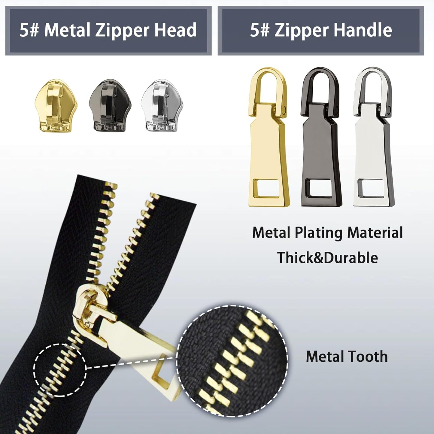 VICHERIA Zipper Repair Kit (45 Pcs), Universal Size #5 Zippers for Sewing, Replacement Slider Pull Fix Kit for Jackets, Coat, Boot, Backpack, Purse