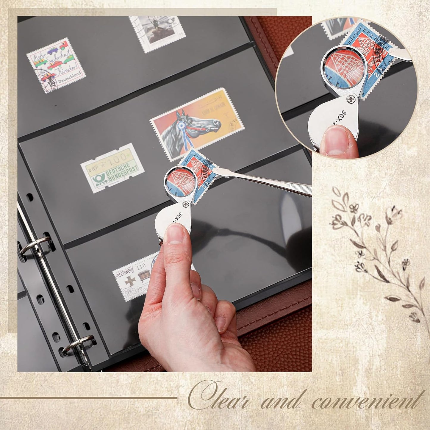 Lewtemi Stamp Collecting Albums Set Stamp Collection Book Include 20 Pages Album Binder Tweezer and Loop Magnifier Collecting Supplies for Collectors(Brown,1/2/3/4 Rows)