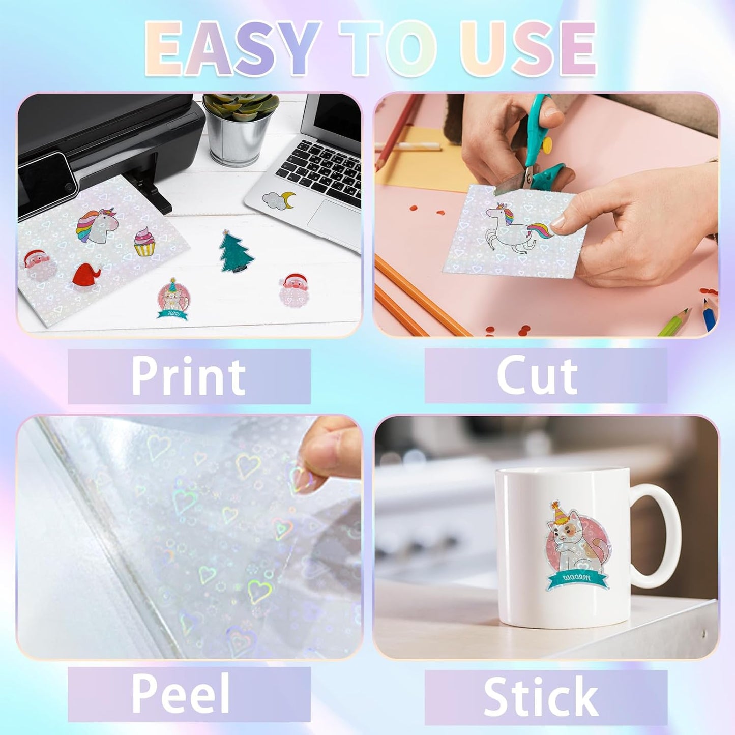 20 Sheets Holographic Sticker Paper,8.5x11 Inch Clear Printable Vinyl Sticker Papers,Self-Adhesive Waterproof for Inkjet/Laser Printer（Clear Heart）