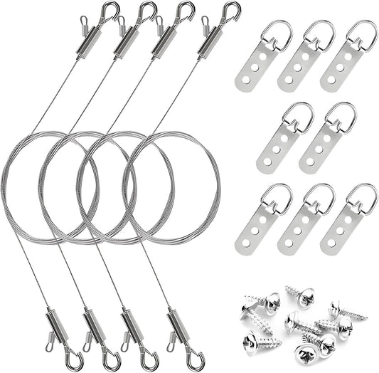 12PCS Picture Hanging Wire Kit for Mirrors, Frames, Artwork, Light Lamp, Billboards, Basket Flowerpot 6.56ft Adjustable Hanging Wire, 3-Hole D Rings Picture Hangers with Screws