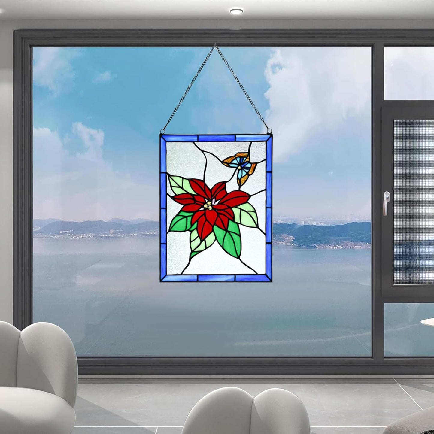 PA0020 Christmas Flower Stained Glass Hanging Panel-10 Wx13.25 H Window Suncatcher Tiffany Style Window Ornament, Handcrafted Poinsettia Flower Home Hanging Decorations