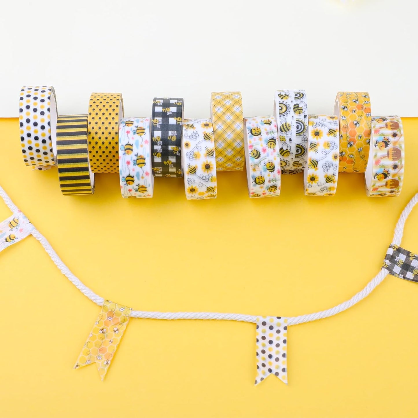 12 Rolls Bee Washi Tape Set, Bumblebee Daisy Masking Tapes, Yellow Black Plaid Polka Dot Decorative Washi Tape for Spring Summer Scrapbook Journal DIY Art Craft Gift Wrapping, 16.4FT