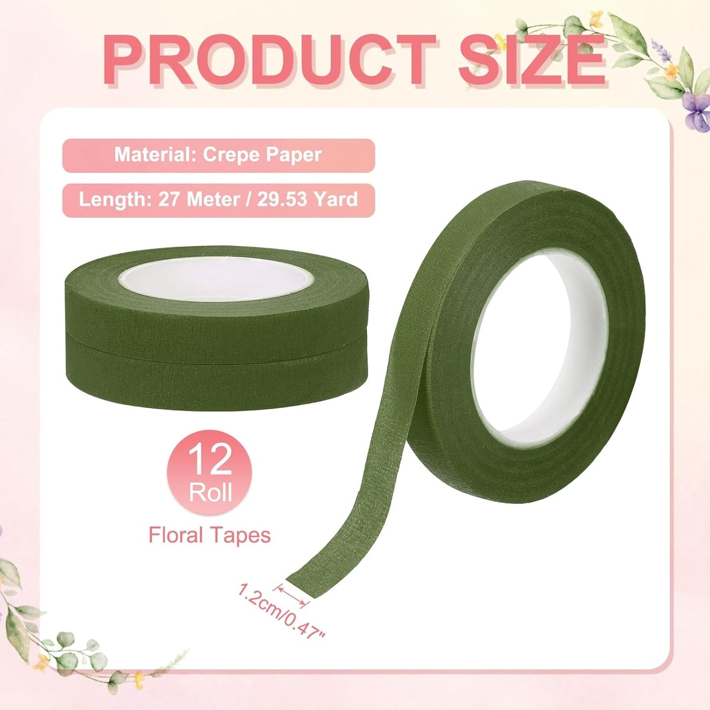 MECCANIXITY 12 Rolls Floral Tapes, 30 Yard x 1/16 in Florist Crepe Flowers Bouquets Tape Adhesive Waterproof for Flower Arranging Wrapping, Grass Green