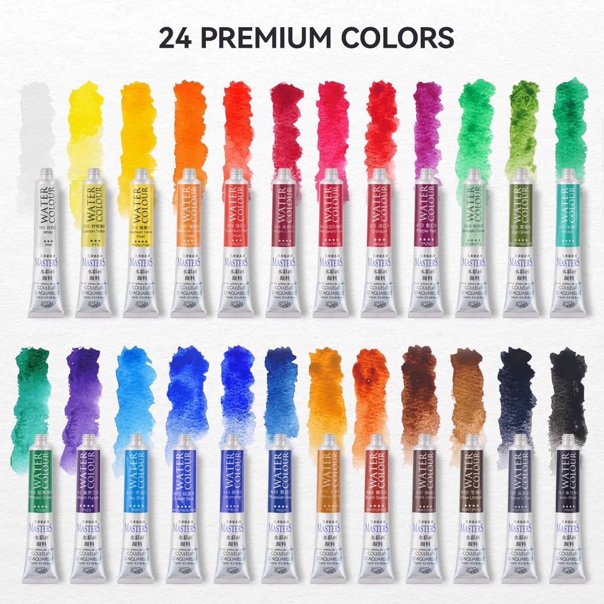 LIGHTWISH Professional Watercolor Paint Tube Set Artist Grade, 9 ML 24 Vivid Colors Art Supplies, Premium Non Toxic Water Colors Paint for Adults, Artists & Hobby