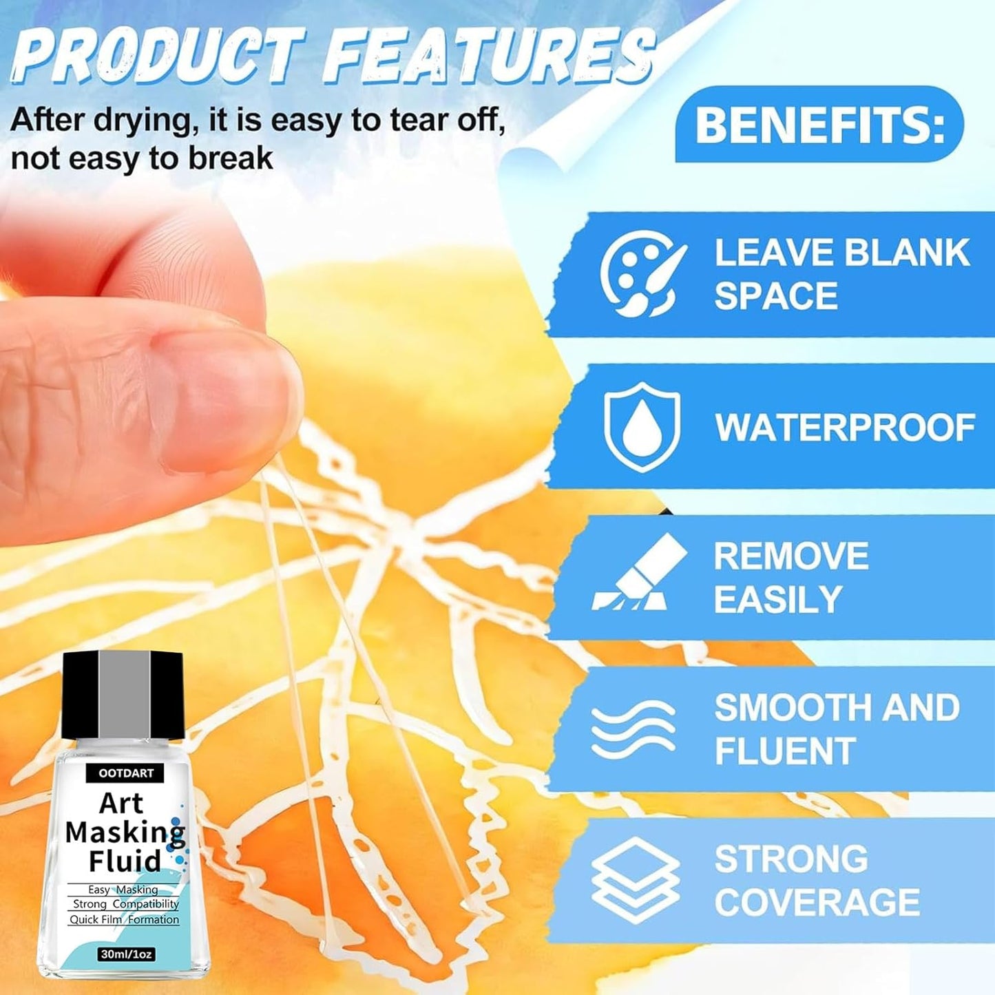 Watercolor Masking Fluid, Liquid Masking for Painting Watercolor Accessories with Silicone Pen Cleaning Brush Retouching and Covering for Painting and Various Art Projects Supplies,White 30ml