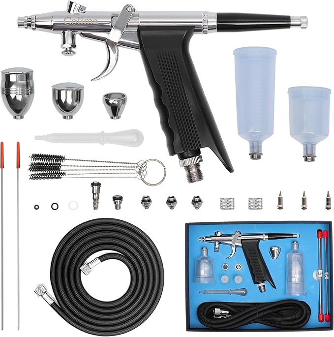 Colima Professional Dual-Action Trigger Airbrush Kit with 3 Nozzle Sizes (0.3mm/0.5mm/0.8mm) & 5 Paint Cups (2cc-40cc) Perfect for Tattoo, Makeup, Nail Art, Model Painting, Cake Decorating & Hobby Art