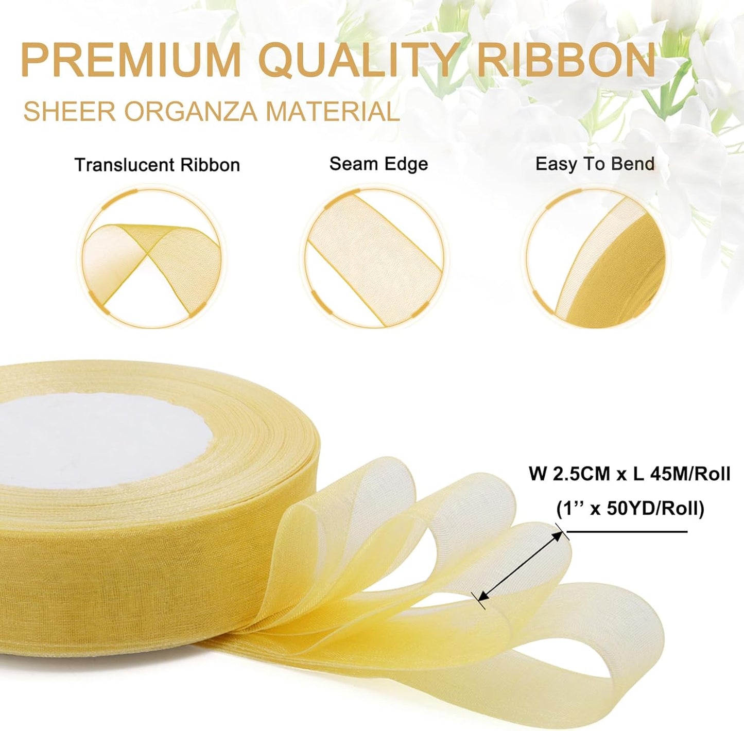 Gold Ribbon for Gift Wrapping, 1 inch 50Yard Sheer Organza Ribbon for Flower Bouquet, Golden Gifts Wrap Chiffon Ribbons for Fathers Day, Crafts, Christmas, Wedding, Birthday Party Decoration