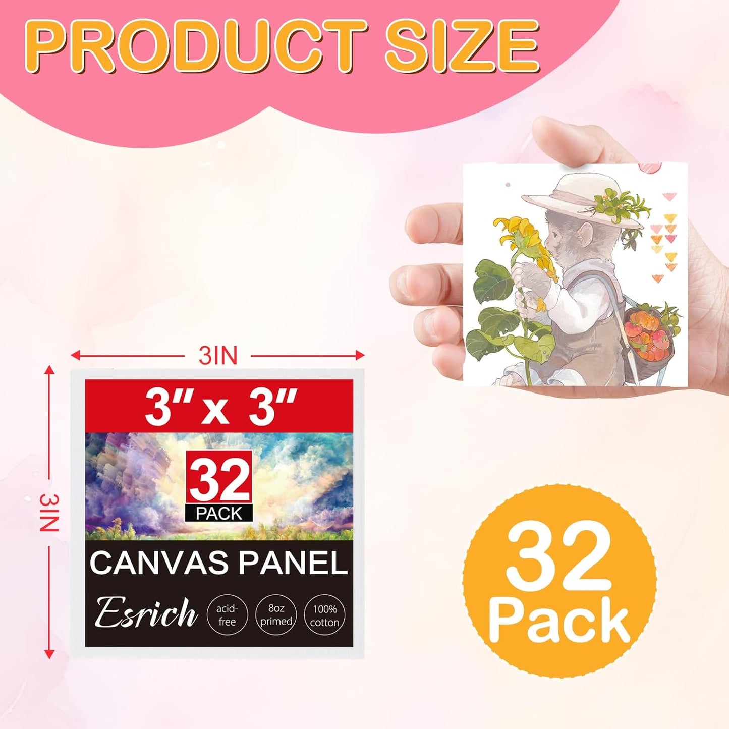 ESRICH 3x3IN Small Canvases for Painting, 32 Pack Mini Canvas Boards Cotton Painting Canvas Primed Acid Free Mini Blank Canvas Panels for Oil Paint,Watercolor,Acrylic Paint,Gouache&Tempera.