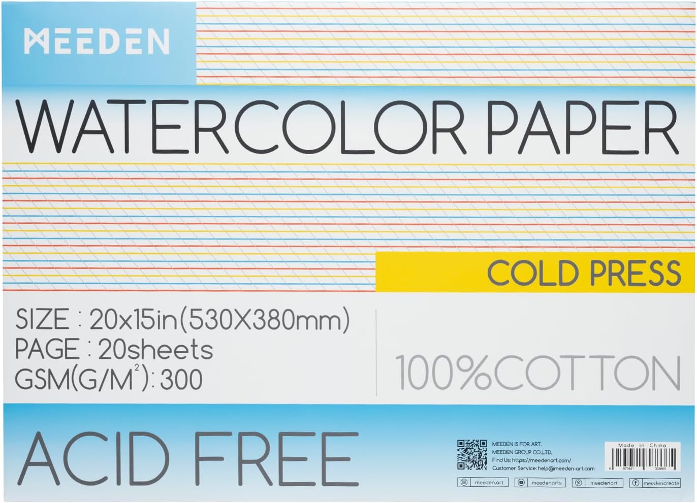 MEEDEN Watercolor Paper Block - 100% Cotton Watercolor Paper Pad of 20 Sheets, 140lb/300gsm, Acid-Free Art Paper for Watercolor, Gouache, Ink and More, 21" x 15" Cold Press