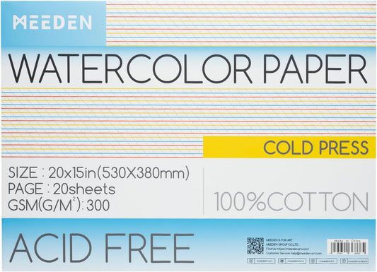 MEEDEN Watercolor Paper Block - 100% Cotton Watercolor Paper Pad of 20 Sheets, 140lb/300gsm, Acid-Free Art Paper for Watercolor, Gouache, Ink and More, 21" x 15" Cold Press