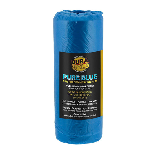 Dura-Gold 24" x 177' Pure Blue Pre-Folded Masking Film - Painters Plastic Roll (0.4 Mil) Pull Down Drop Sheet, Pre-Folded Plastic Sheeting for Painting Protection on Auto, Walls, Furniture