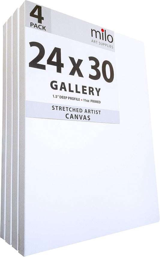 milo Stretched Artist Canvas | 24x30 inches | 4 Pack | 1.5” inch Thick Gallery Profile | 11 oz Primed Large Canvases for Painting, Ready to Paint Art Supplies for Acrylic, Oil