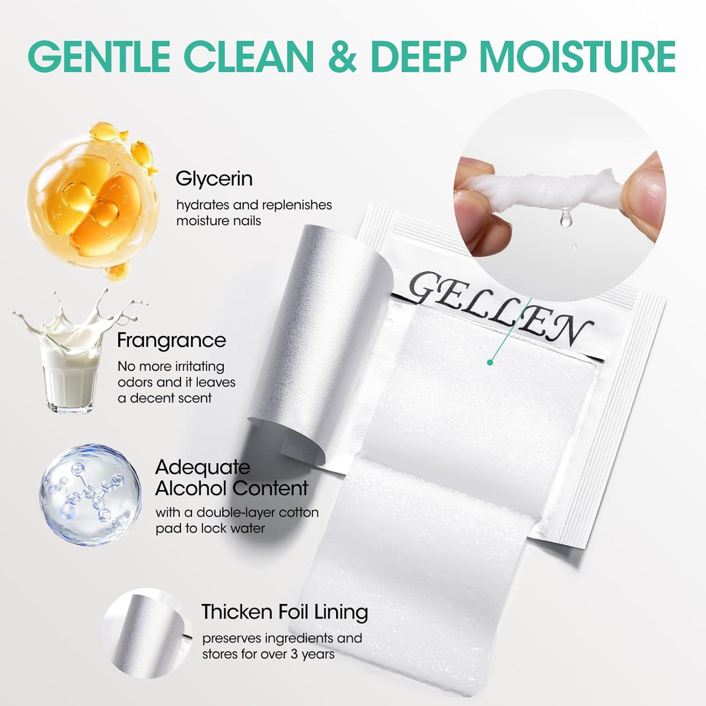 GELLEN Nail Cleanser Pads, 200 Pack Alcohol Prep Pads Nail Cleanser Wipes Remove Tacky Residue, Lint-free Glossy Wipes for Acrylic/Builder/Gel Polish Travel Individually Wrapped for Perfect Manicure