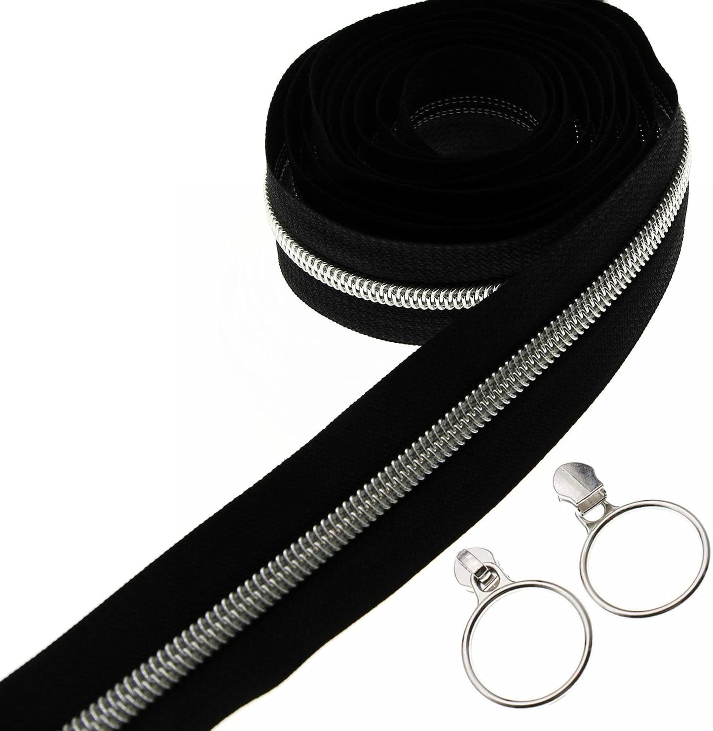 Leekayer #5 Silver Metallic Nylon Coil Zippers by The Yard Bulk 10 Yards Black Zipper Tape with 25pcs Silver Sliders for DIY Sewing Tailor Craft Bag(Black)