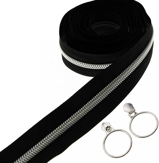 Leekayer #5 Silver Metallic Nylon Coil Zippers by The Yard Bulk 10 Yards Black Zipper Tape with 25pcs Silver Sliders for DIY Sewing Tailor Craft Bag(Black)