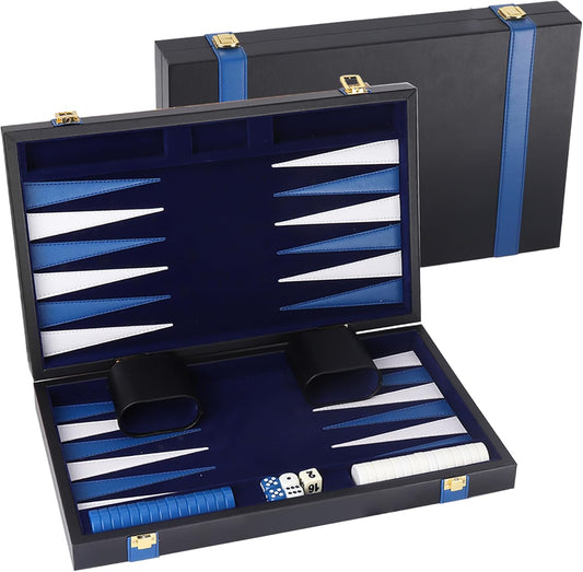 GSE Games & Sports Expert Premium Leather Backgammon Board Game Set, Classic Backgammon Game Set with Leather Case, Travel Folding Board Game (Black&Blue, Small)