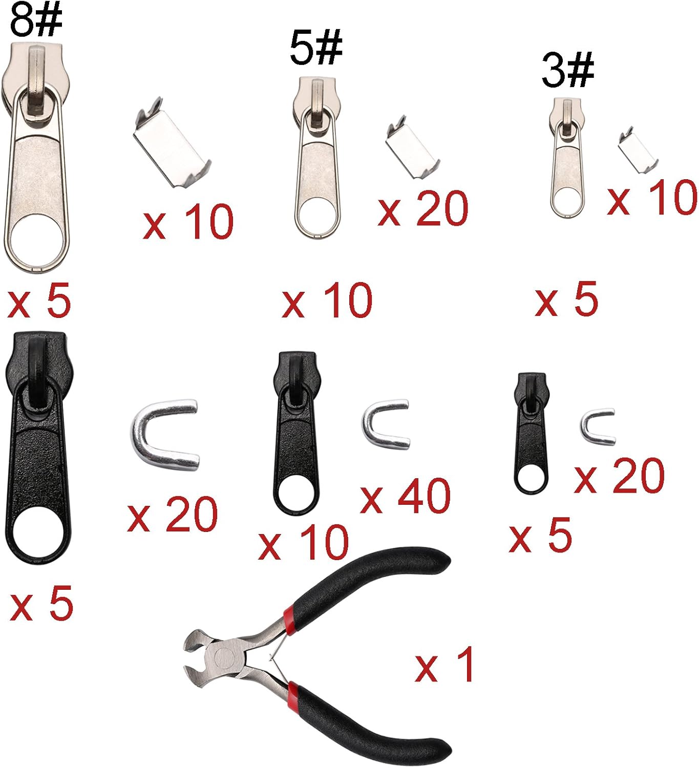 Zipper Replacement Pull Tabs Zip Fixer Zipper Repair Kit with Zipper Install Pliers Tool,161 Pieces