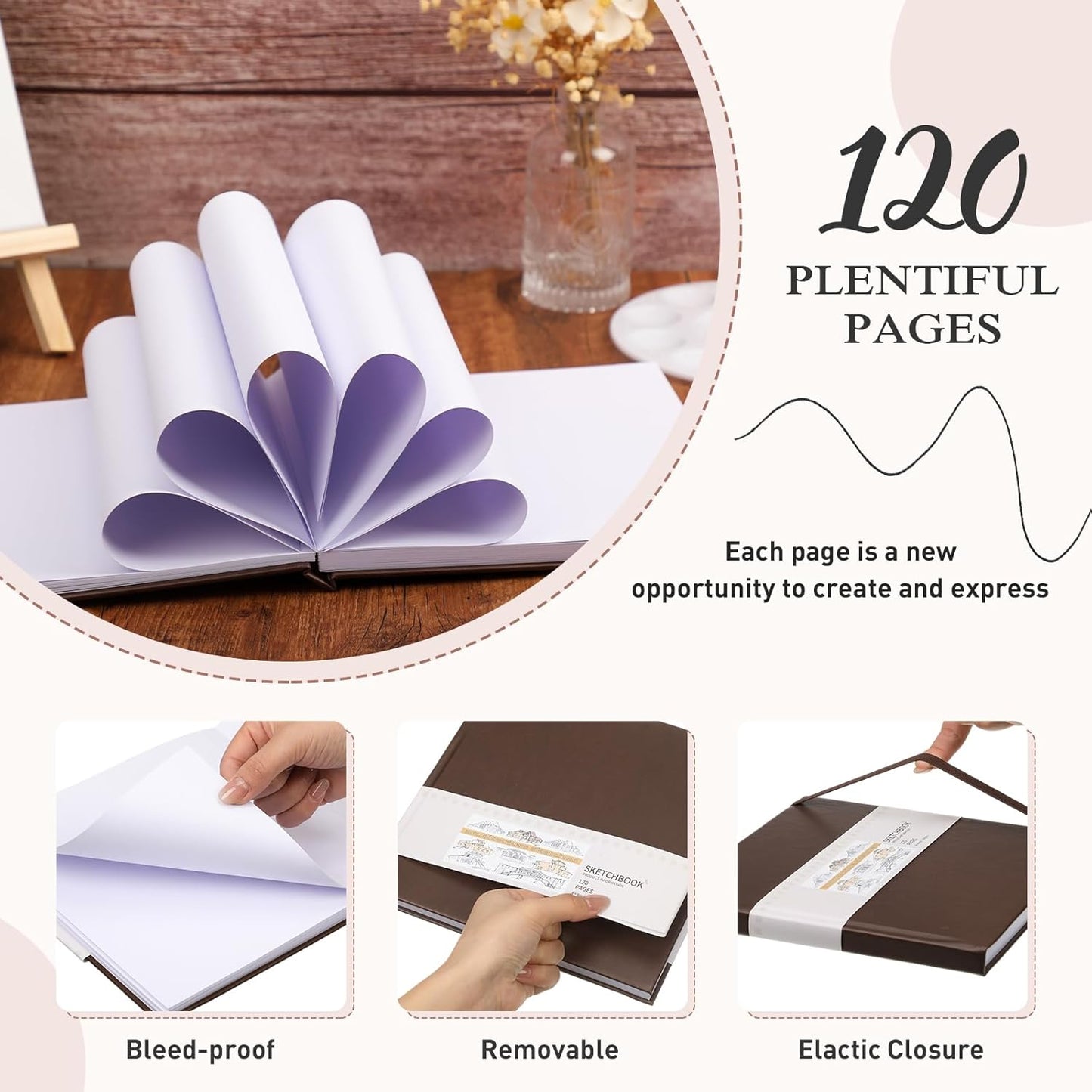 Moinchore Back to School Gifts Square Sketchbook 8 x 8 Inch Hardcover Art Sketch Book Drawing Papers 120 Pages, Mixed Media Journal Notebook with Elastic Closure Sketchbook for Drawing(Brown)