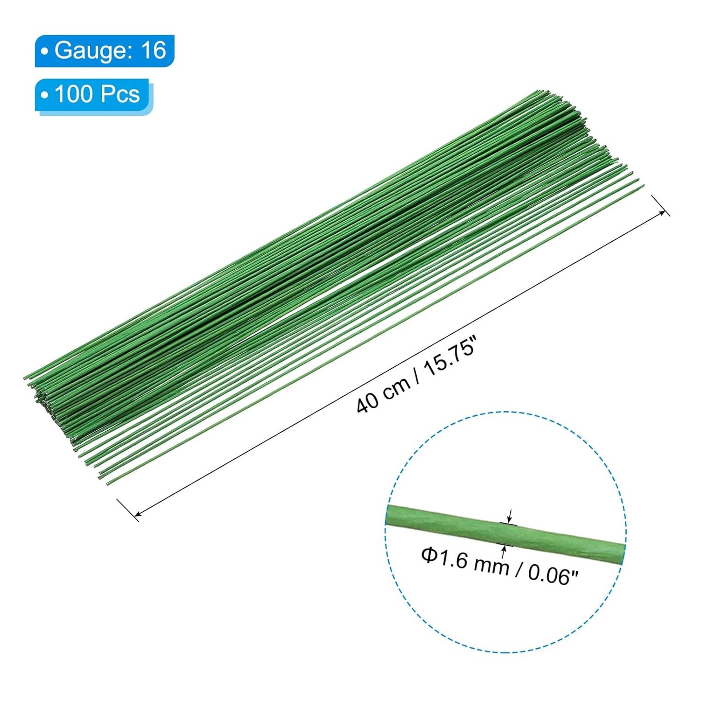 PATIKIL 16 Gauge 16" Floral Stem Wire, 100 Pcs Paper Wrapped Iron Artificial Flower Stem Accessories for DIY Bouquet Stem and Craft Decoration, Light Green