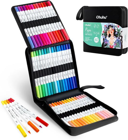 Ohuhu Markers Paper-friendly No Peeling Water-based 60 Colors Dual Brush Fineliner Tips Markers for Adult Coloring Books No Bleeding Coloring Markers for Kids Beginner Calligraphy - Pupe