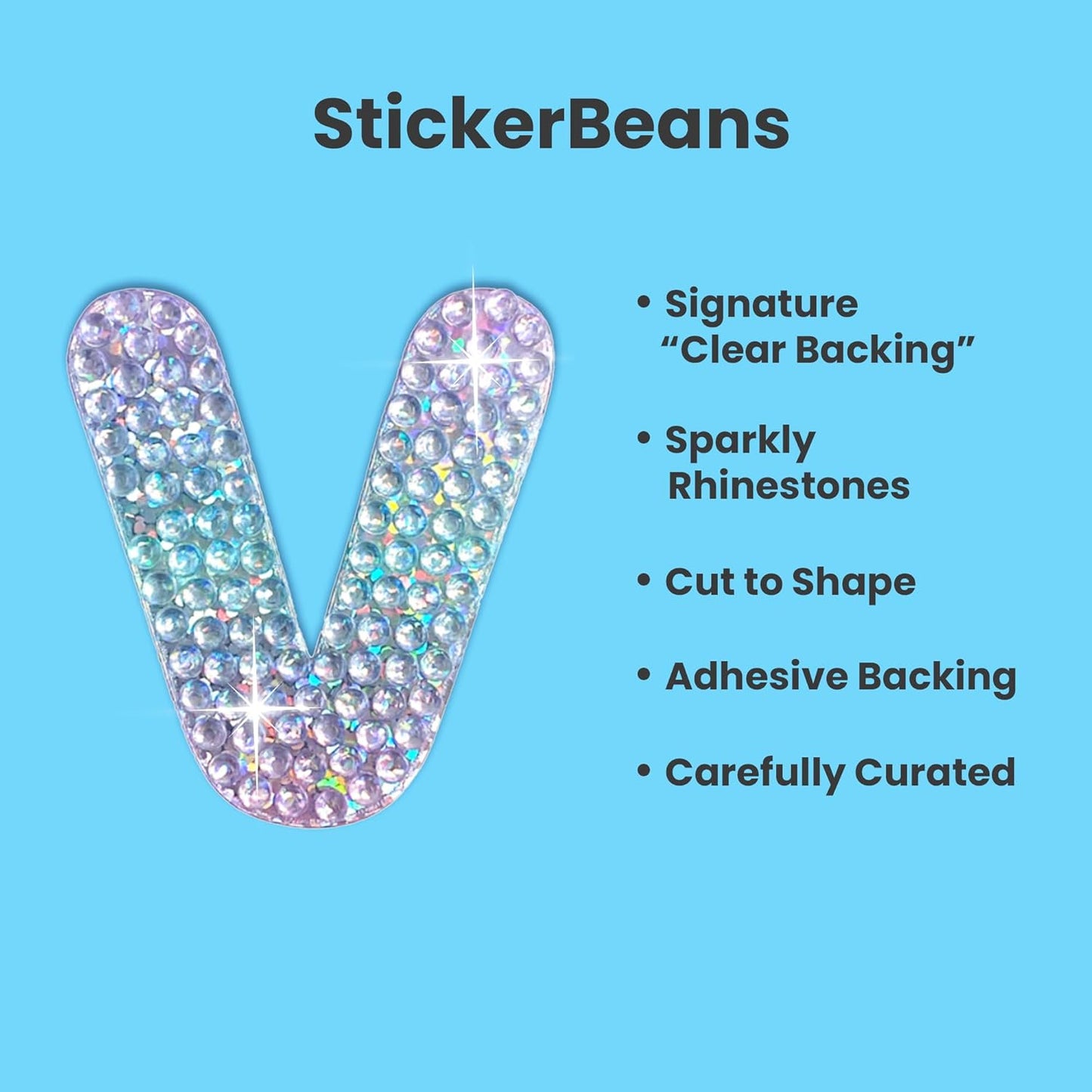 StickerBeans® Rhinestone Alphabet Letter Sticker V - Unique Sparkly Design 2” x 2” Cut-to-Shape Adhesive - Personalization, Collecting, Gifting, Scrapbooking, Decorating Laptops, Phone Cases, All Ages