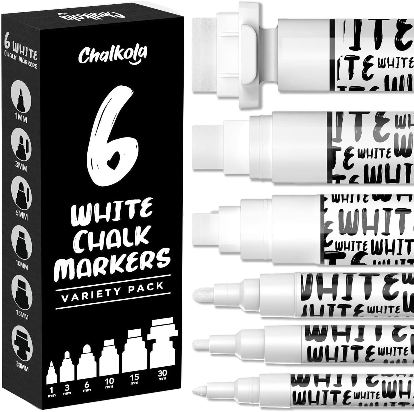 Chalkola 6 White Chalk Markers for Blackboard, Chalkboard Signs, Car Window, Bistro, Glass | Washable Fine Tip, Bold & Jumbo Size Dry Erase Liquid Chalk Pens Erasable (1mm, 3mm, 6mm, 10mm, 15mm, 30mm)