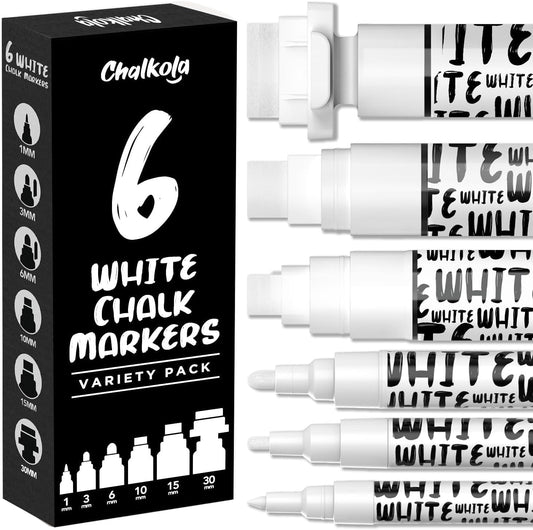 Chalkola 6 White Chalk Markers for Blackboard, Chalkboard Signs, Car Window, Bistro, Glass | Washable Fine Tip, Bold & Jumbo Size Dry Erase Liquid Chalk Pens Erasable (1mm, 3mm, 6mm, 10mm, 15mm, 30mm)