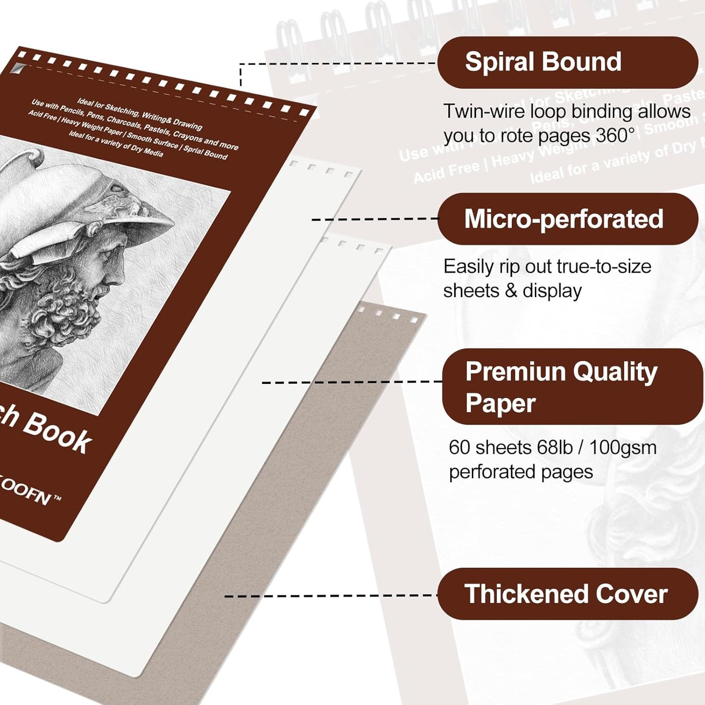 TKOOFN 5.5" x 8.5" Sketch Book, Pack of 5, 300 Sheet Top Spiral Bound Premium Sketchbook Drawing Pads(68lb/100gsm), Acid-Free Painting Paper for Adults Kids Artists Beginners