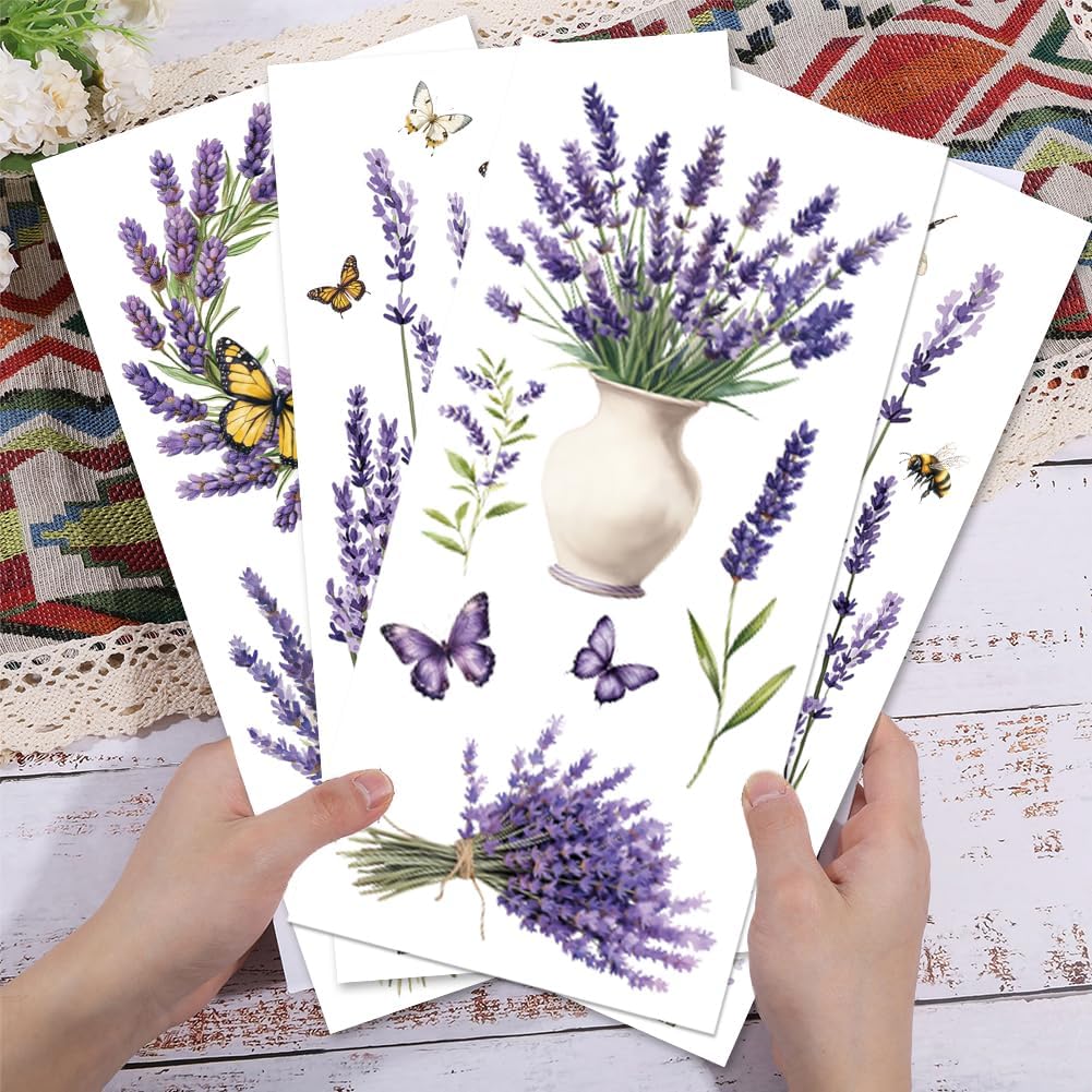 GLOBLELAND 4 Sheets Lavender Furniture Transfer 6x12inch Butterfly and Bee Rub on Transfer Sticker UV Self-Adhesive Wall Art Craft for Bedroom Living Room Desk Table Decoration