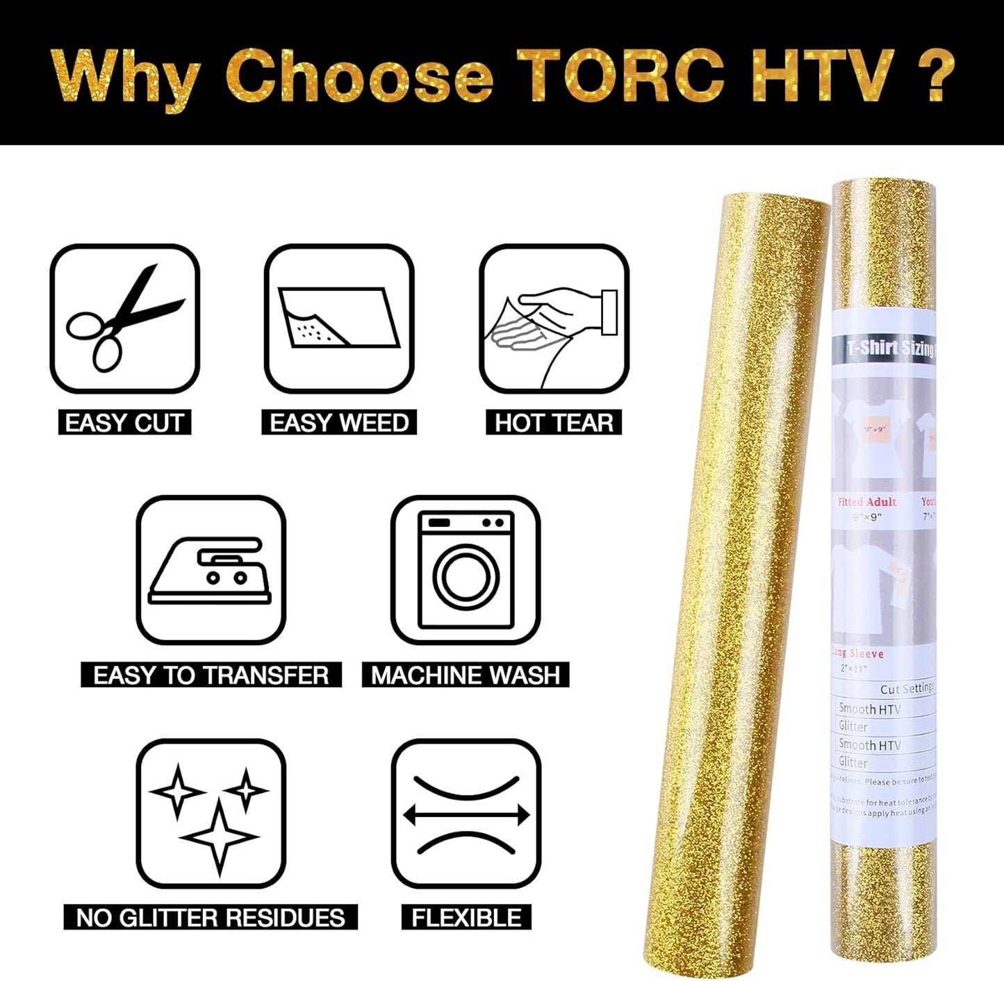 TORC Gold Glitter HTV Heat Transfer Vinyl Roll 12 inch x 5 ft Iron on Vinyl for T Shirts Crafts