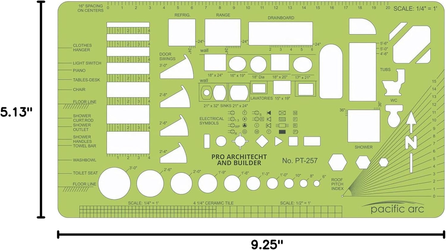 Pacific Arc, Architects & Builders Template, 1/4 in Scale, Drawing aid Stencil for Professional or School Work, Size 5.125 x 9.25 in.