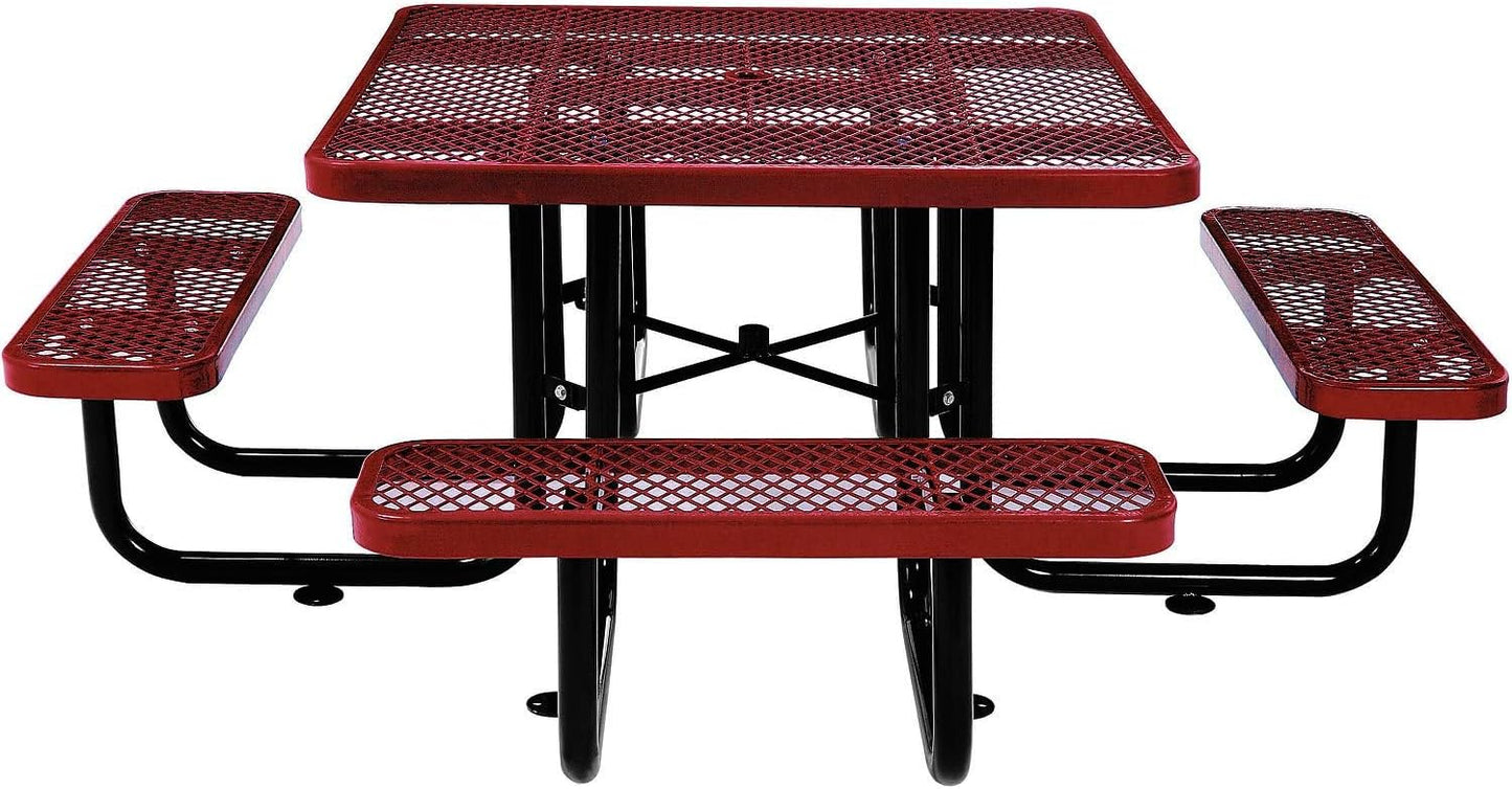 Global Industrial 46" Square Picnic Table, Expanded Metal, Red Thermoplastic Coating, Attached Benches, 1-1/2” Umbrella Pole Hole, Outdoor-Rated, 1000 lb Capacity