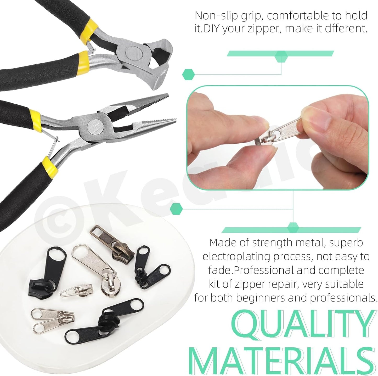 Keadic 144Pcs Zipper Repair Kit With 3/5/8 Sizes, Extension Pull, Top/Bottom Stops, Replacement Zippers, Pliers for Metal, Plastic, Nylon Coil Repair