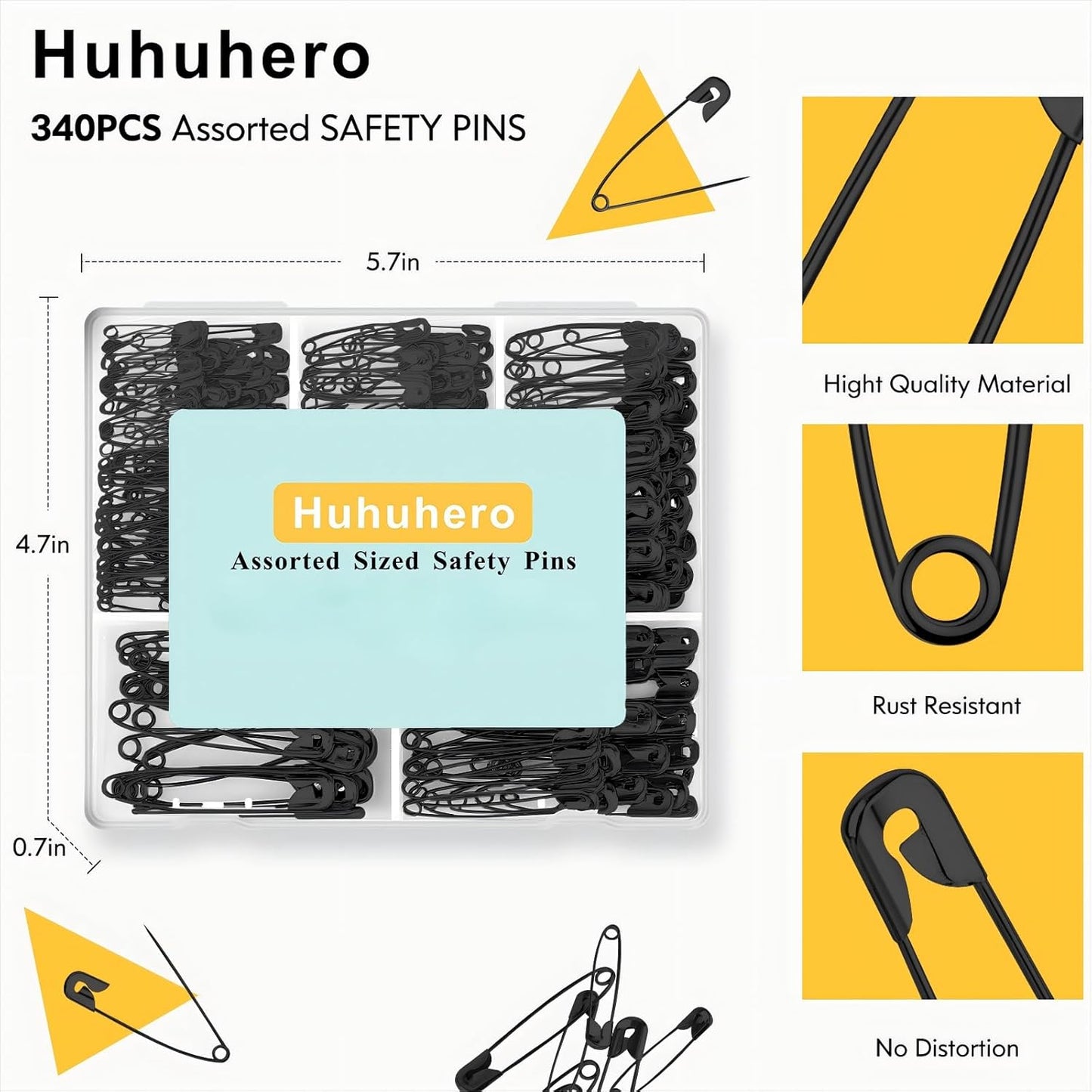 Safety Pins Assorted, 340 Pack Small & Large Heavy Duty Safety Pins for Clothes Sewing, 5 Different Sizes Pin Bulk, Arts and Crafts Supplies, Black