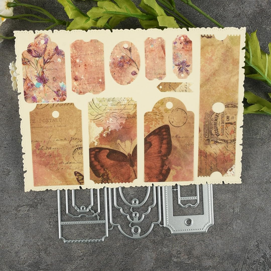 Mvchifay Cutting Dies Happy Birthday Holiday Thanks Greetings Metal Stencils Scrapbooking Tool Love Heart DIY Carbon Steel Embossing Template for Paper Card Making (Stamp Tag-10.7x12.9cm)