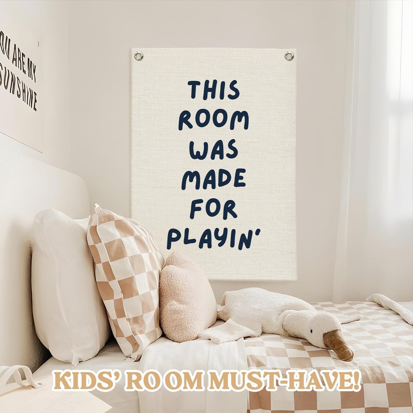 Playroom Wall Decor Linen Canvas Banner,This Room Was Made For Playin 18x25 Inch,Nursery Canvas Art,Kids Bedroom Hanging Flag for Toddler Play