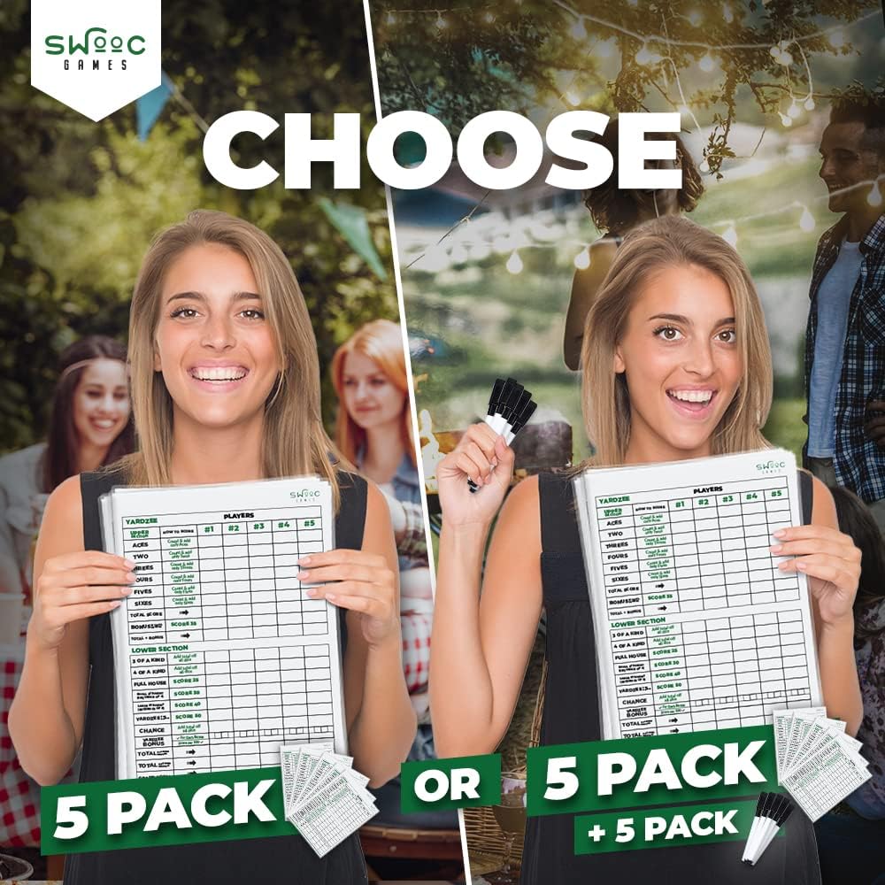 SWOOC Games® - 5 Big Premium Laminated Yardzee & Farkle Score Cards (11.5in x 8in) with Rules - Large Reusable Dry Erase Pads for Giant Outdoor Dice