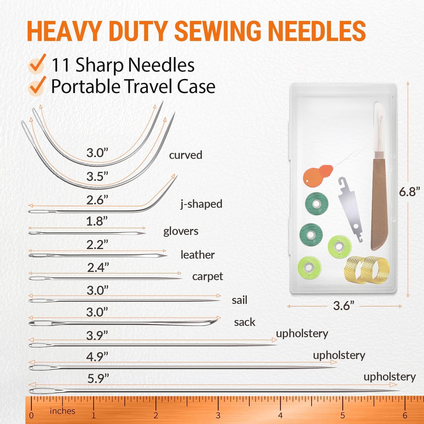 VONEEDL Heavy Duty Sewing Needles (11 PCS) & Waxed Thread (4 Green Colors) - Upholstery Repair Kit for Leather, Canvas, Quilting & More