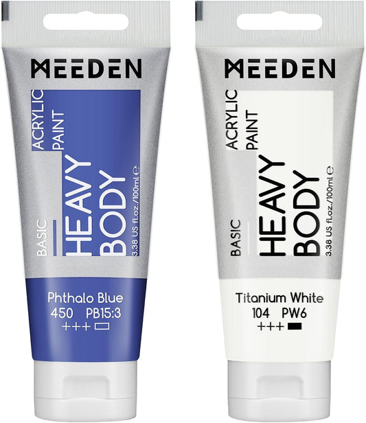 MEEDEN Acrylic Paint Phthalo Blue: Bundled with Titanium White Color - 100ml/3.38oz x 2 Bulk Heavy Body Acrylic Paint Tubes for Model Pumpkin Enamel Rock DIY