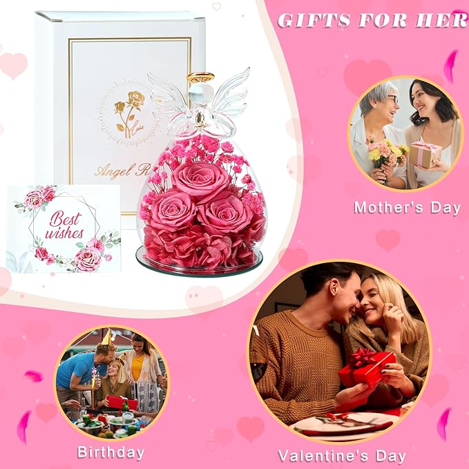 Beferr Valentines Day Rose Gifts for Her Women Mom Gifts for Birthday, Fresh Flowers for Delivery Forever Preserved Rose in Glass Angel Figurine, for Grandma Wife Daughter Girlfriend