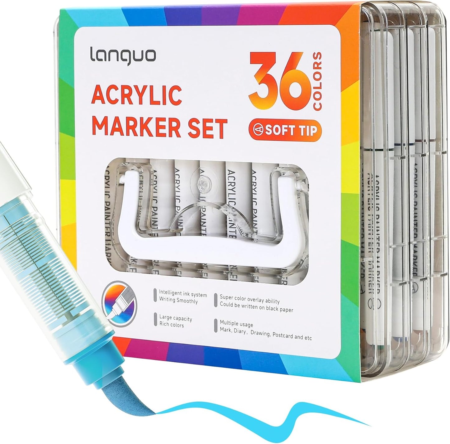 36 Colors Acrylic Paint Markers Pens Set, Soft Brush Tip Markers with Fast Drying & No-Bleed Ink, Acrylic Paint Pens for Rock, Wood, Egg, Ceramic, Fabric Painting, Art Supplies and DIY Crafts