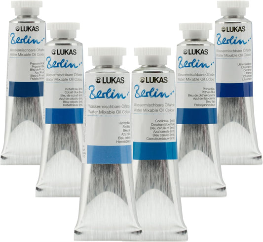 Lukas Water Mixable Oil Paint - Eco-Friendly, 37ml Blues Set of 6, Solvent-Free Artist Oil Paint with Lightfast Pigments and Beeswax for Smooth Consistency, Water Soluble, Quick-Drying