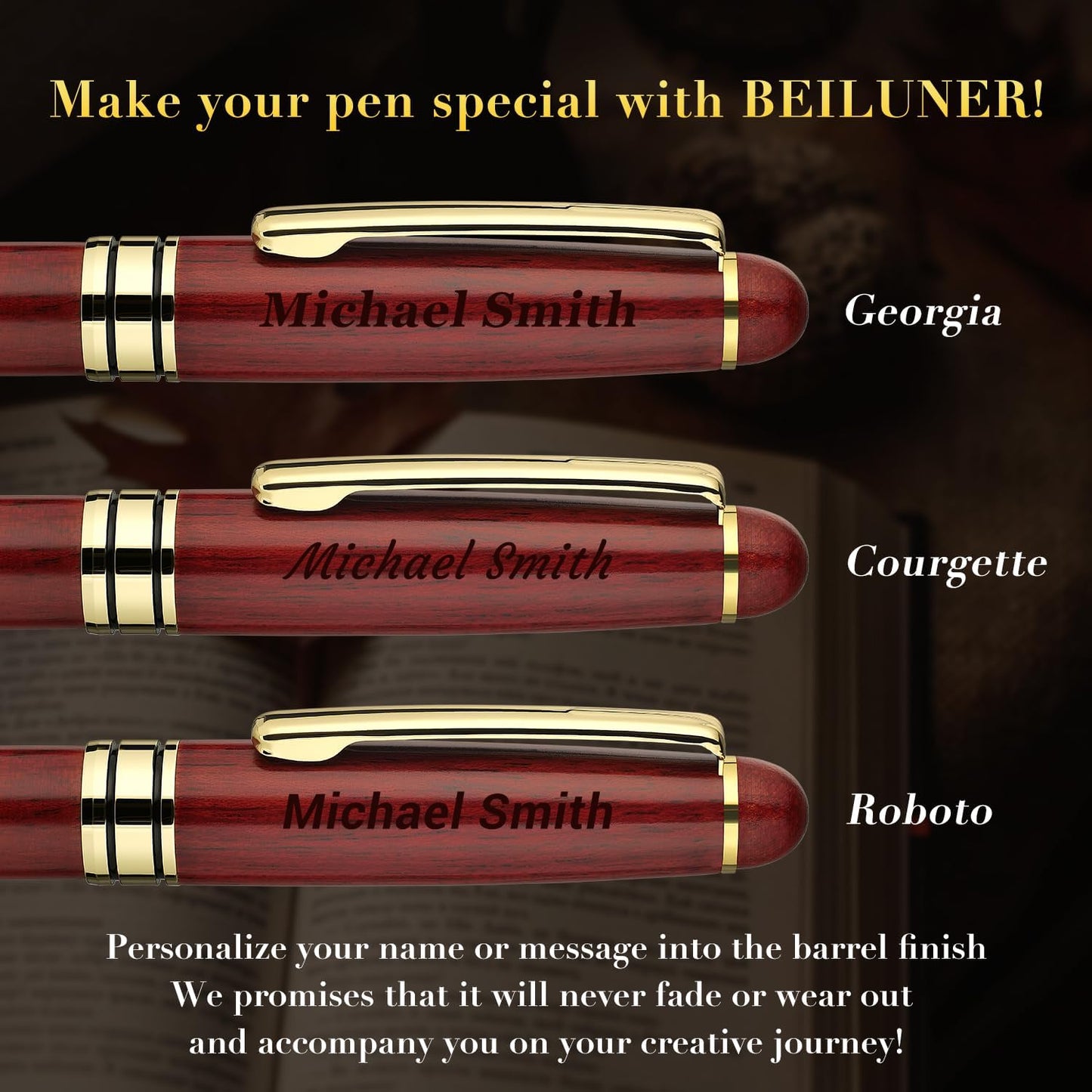 BEILUNER Luxury Personalized Wood Ballpoint Pen Writing Set,Rosewood-Elegant Fancy Nice Gift Pen Set for Signature Executive Business Office Supplies - Christmas Gift Boxed with Extra Refills (Black)