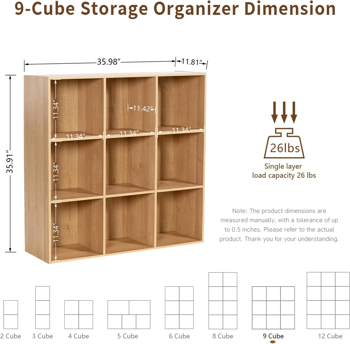 Wooden 9-Cube Storage Organizer with Closed Back Panel, 11in Cube Shelf Opening, Bookshelf, Display Shelf,Closet Cabinet for Home and Office,Natural Oak
