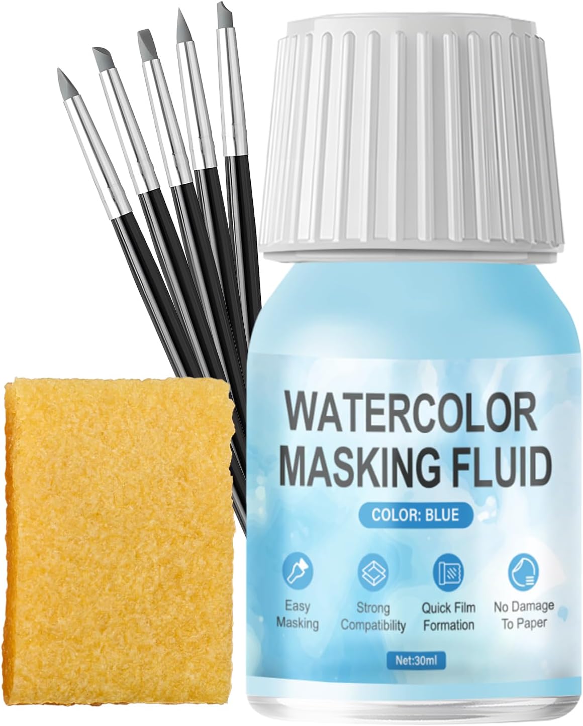 WANJAO Masking Fluid for Watercolor Painting, Liquid Masking Tape with Silicone Pens Cleaning Brush for Painting Fast Drying Easy Peel Use to Art Watercolor Supplies Retouching Covering, 30ml Blue