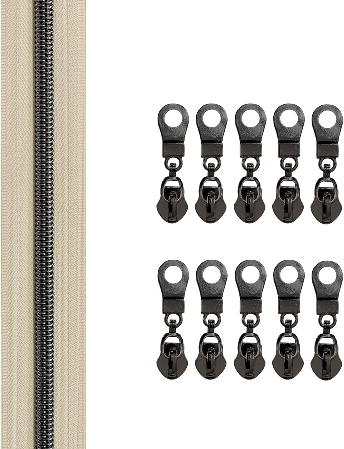 The Yards Bulk Zipper(#5), Beige Nylon Coil with Gunmetal Teeth, 10PCS Sliders for DIY Sewing Craft Bags