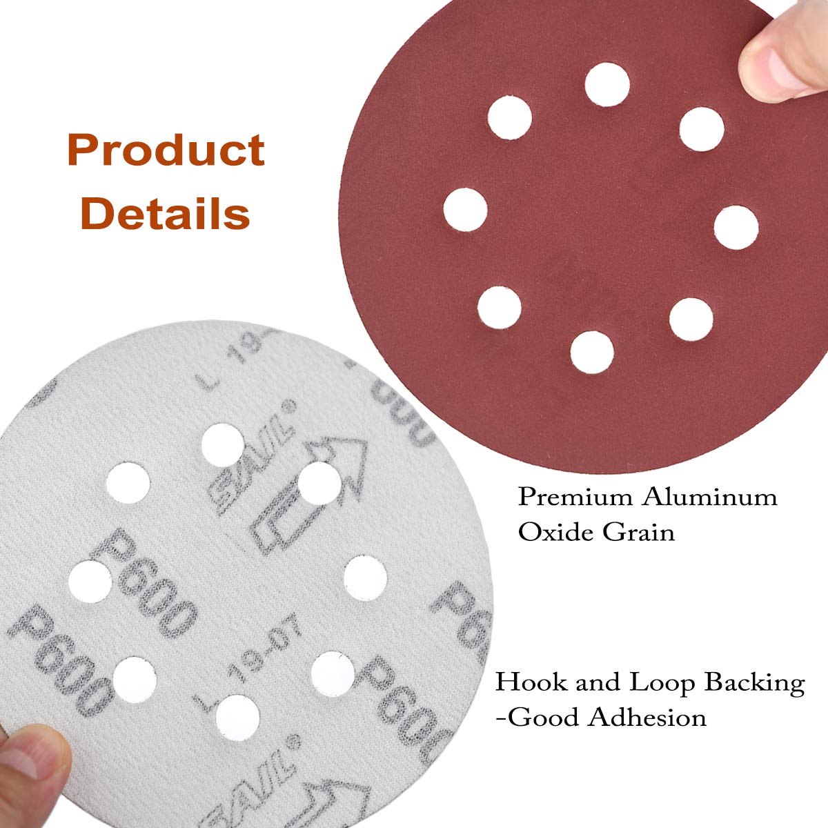 5-Inch 8-Hole Hook and Loop Sanding Discs, 600/800/1000/1200/1500/2000 Fine Grits Sandpaper for Random Orbit Sander, 60-Pack