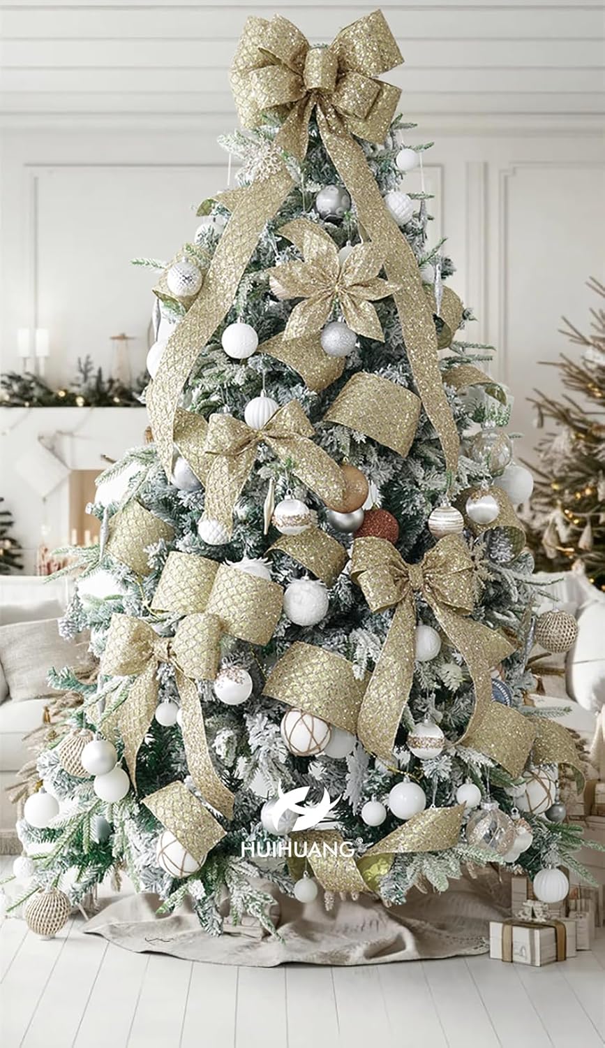 HUIHUANG Champagne Glitter Wired Ribbon for Christmas Tree 2.5 inch Champagne Gold Diamond Mesh Ribbon for Tree Decoration, Wreaths, Garland, Gift Wrapping, Bows Making, Home Decor -10 Yards