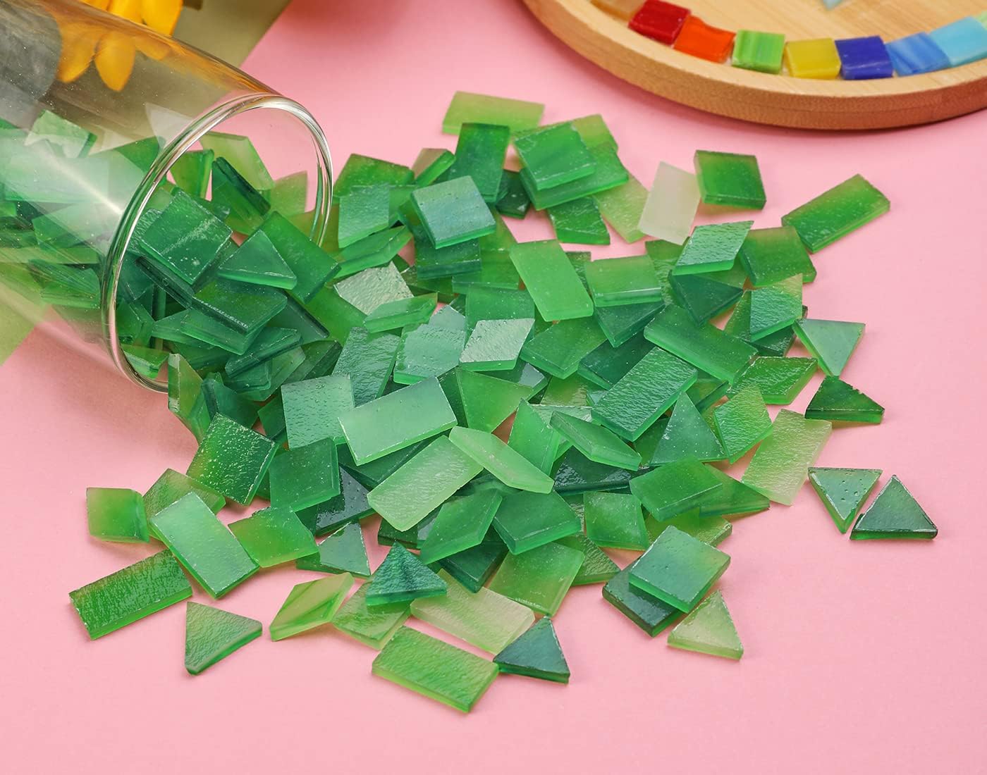 Lanyani 200 Pieces Glass Mosaic Tiles for Crafts,4 Shapes Mixed Colorful Tiffany Stained Glass Pieces,Square/Rectangle/Diamond/Triangle,Leaf Green