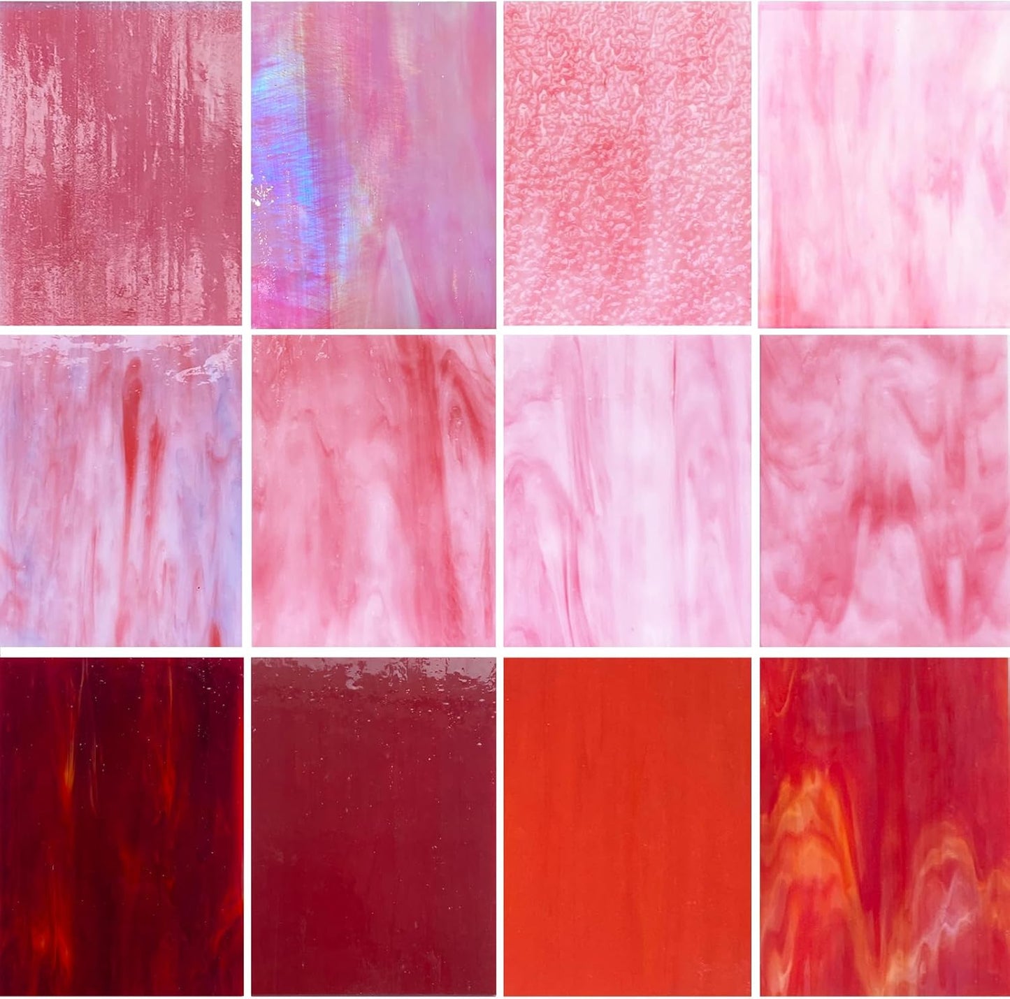 ILLUCKAI 12 Sheets Mixed Red Pink Stained Glass Sheets, 4 x 6 inch Stained Glass Supplies Mosaic Glass Tiles for Crafts, Cathedral Glass Art Glass for Stained Glass Beginners and Hobbyists